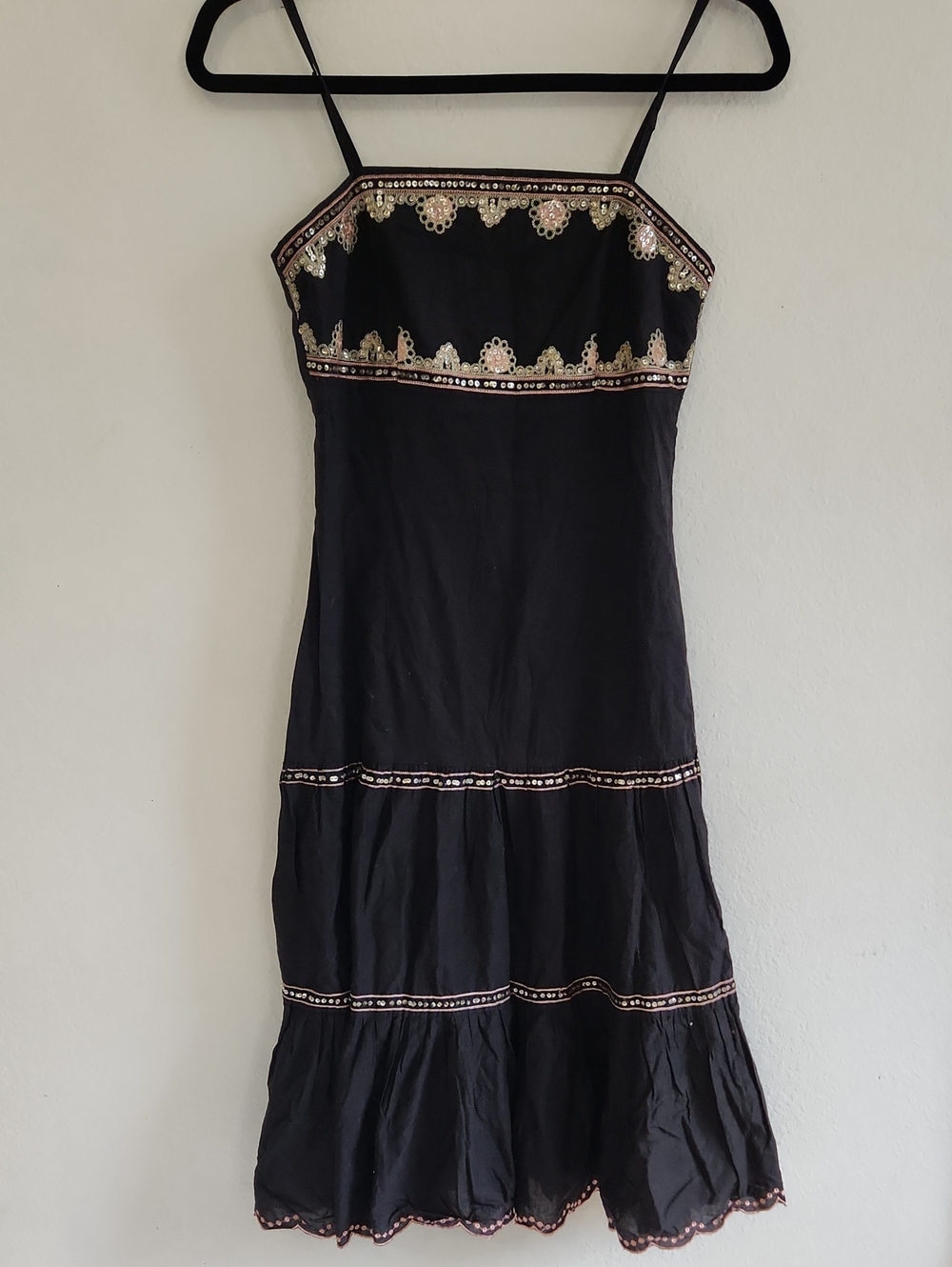Vintage Y2K Black Sequined Embroidered Tiered Cami Dress Small Boho Whimsigoth